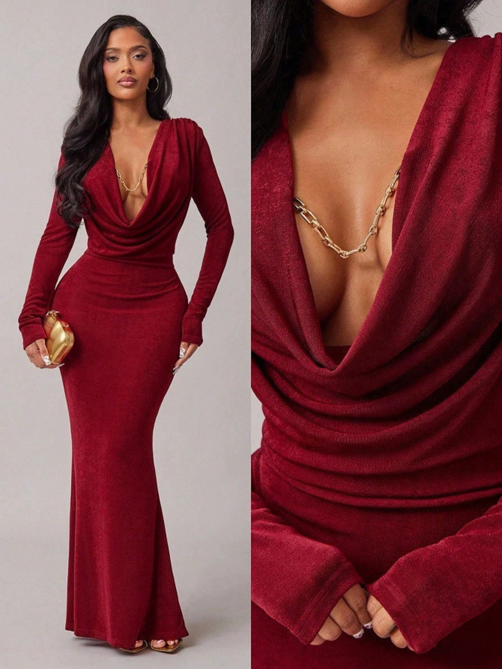 Zara Vintage Burgundy Long Sleeve Mermaid Bodycon Formal Maxi Dress